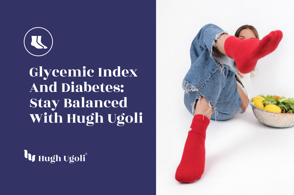 Bright red diabetic-friendly socks paired with a healthy bowl of greens emphasize balance and comfort with Hugh Ugoli.